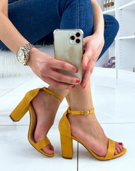 Yellow suedette heeled sandals with thin straps