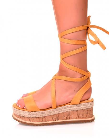 Yellow suedette lace-up wedge sandals