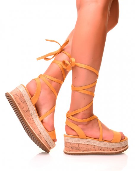 Yellow suedette lace-up wedge sandals