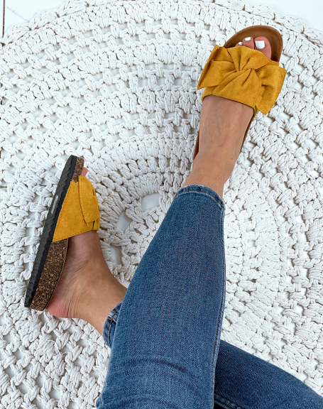 Yellow suedette mules with big bow