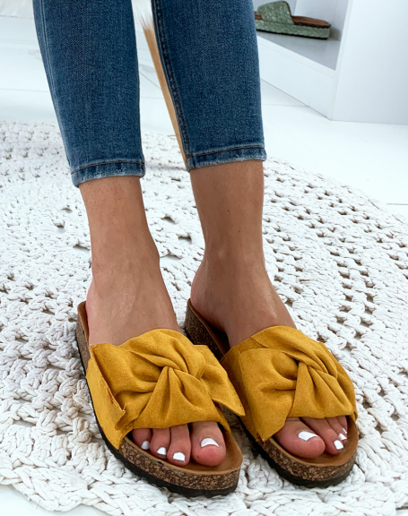 Yellow suedette mules with big bow