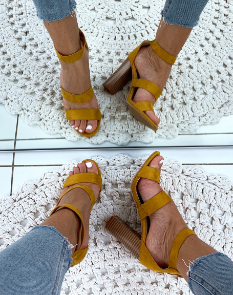 Yellow suedette sandals with heels and multiple straps