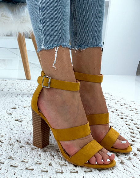 Yellow suedette sandals with heels and multiple straps