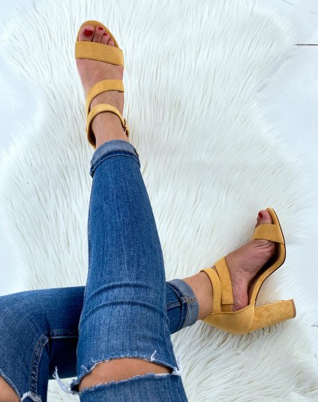 Yellow suedette sandals with multiple straps and block heels