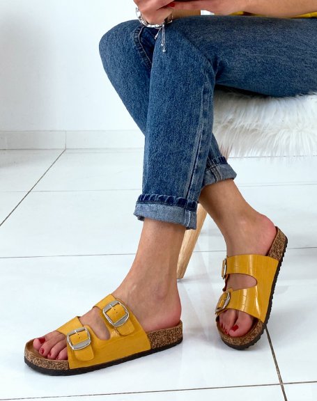 Yellow two-strap mules