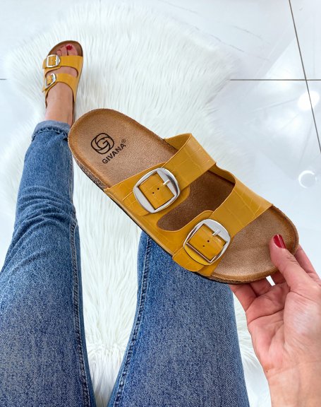 Yellow two-strap mules