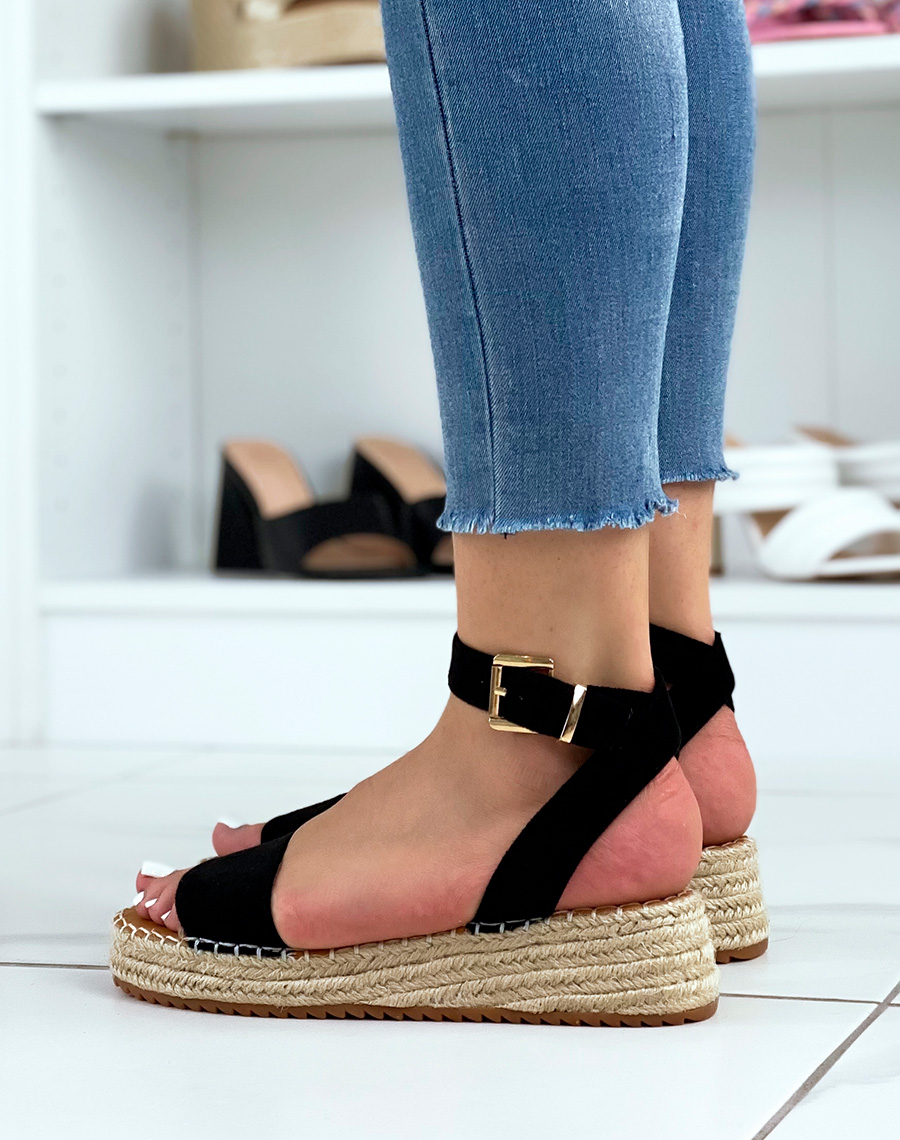 Black UK Sizes 3-7 Ladies Gold Studded Platform Flats/Sandals Suede/Hessian 