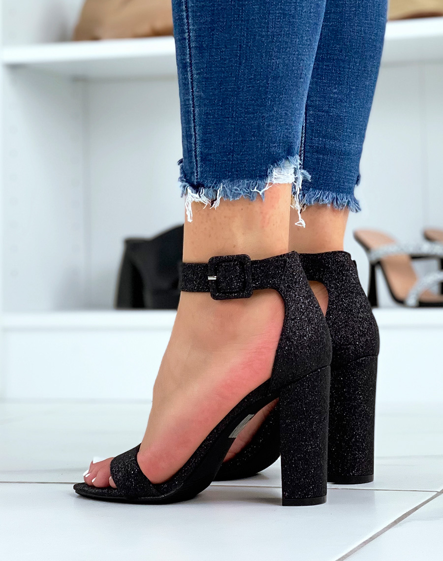 Nelly Bernal Wavy Multi Strap High Heels Shootie Boots Black Glitter Sparkle  | Totally Wicked Footwear