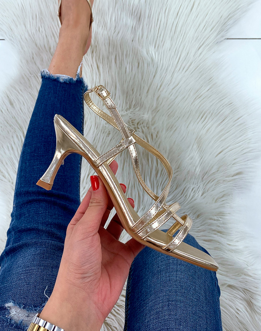 Public Desire Exclusive Just Realise strappy mid heel sandals in gold | ASOS