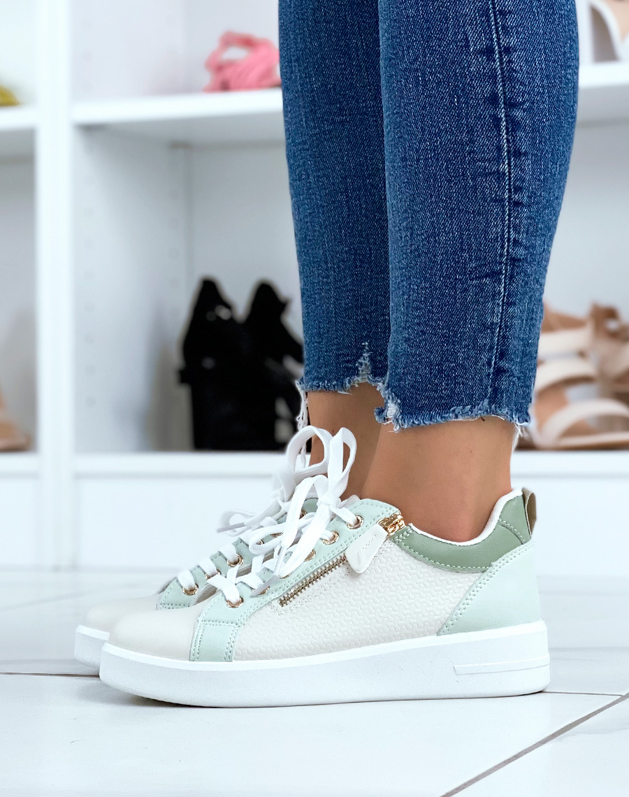 White and green trainers with zip