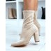 Beige Suedette Pointed Toe Sock-Style Ankle Boots