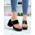Black chunky heel mules with black and transparent straps