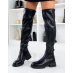 Black flat thigh high boots with smooth platform