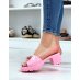 Candy pink patent mules with small square heel