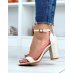 Heeled sandals in beige fabric with thin strap