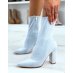 Pastel blue suedette sock-style pointed toe heel ankle boots